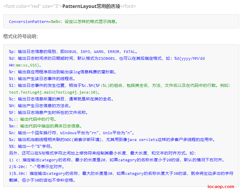 PatternLayout常用的选项